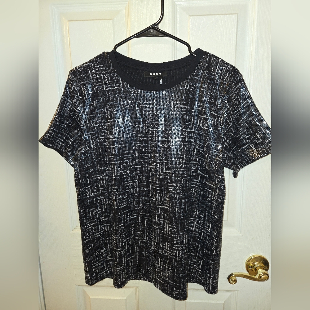 DKNY Black and Silver Sequins Patterned Top